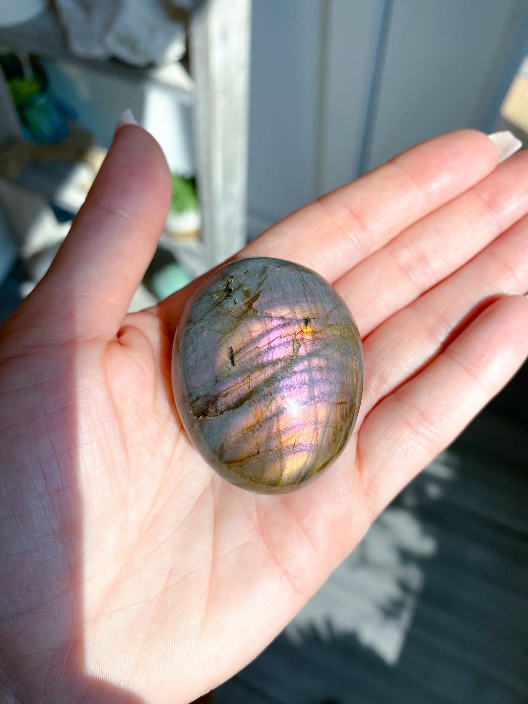 Small FLASHY Sunset Labradorite Palm Stone #17
