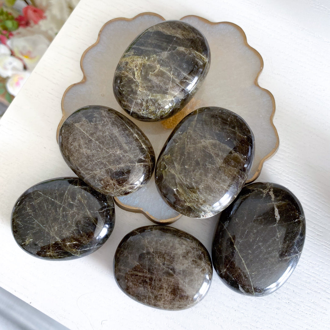 Rare: Dark Green Tourmaline Palm Stone