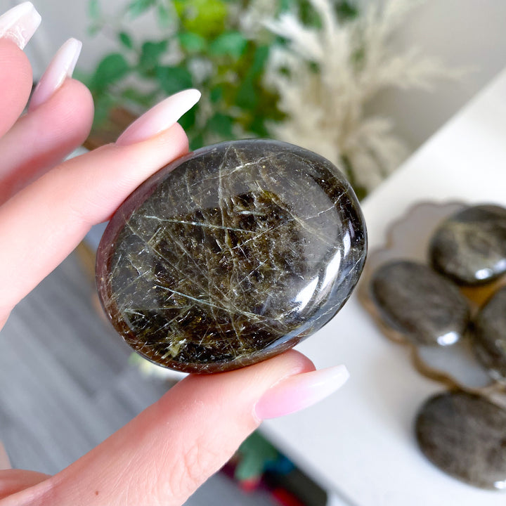 Rare: Dark Green Tourmaline Palm Stone