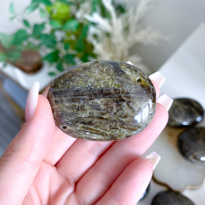 Rare: Dark Green Tourmaline Palm Stone
