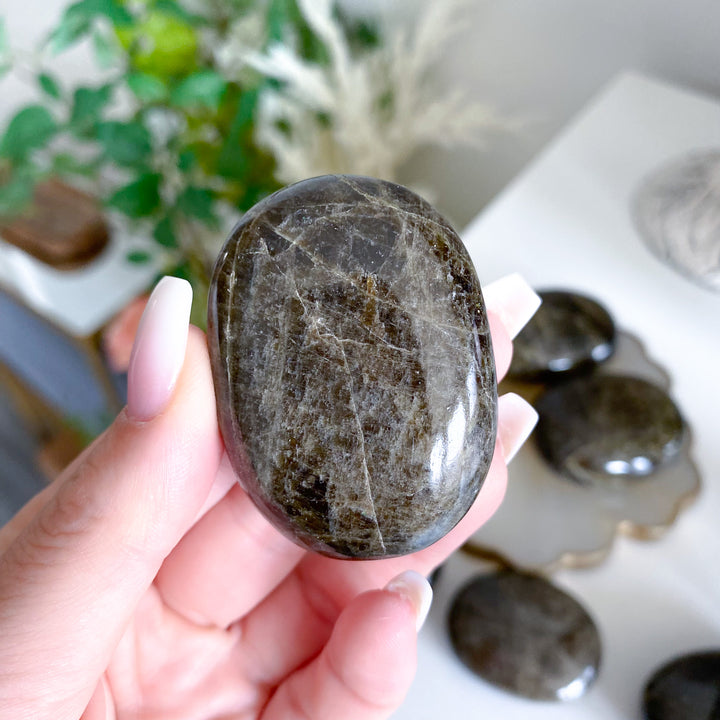 Rare: Dark Green Tourmaline Palm Stone