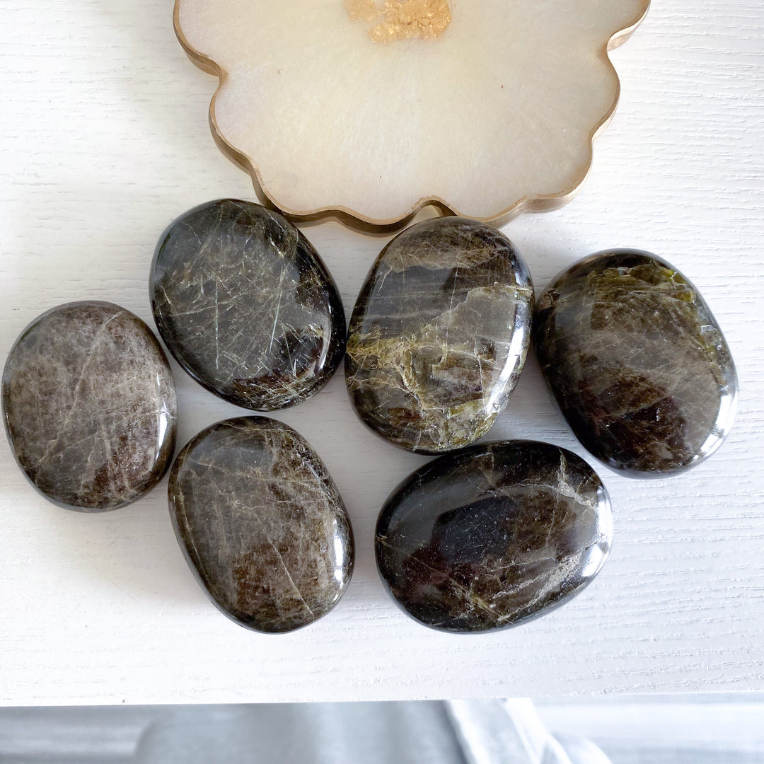 Rare: Dark Green Tourmaline Palm Stone