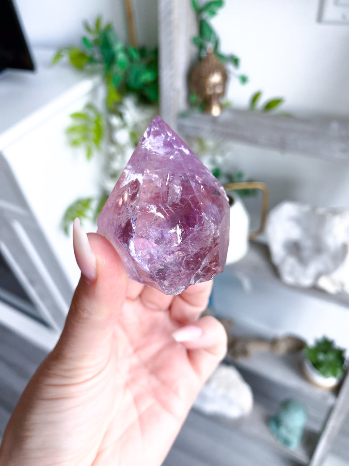 Glassy Amethyst Top Polish Point w/ Hematite