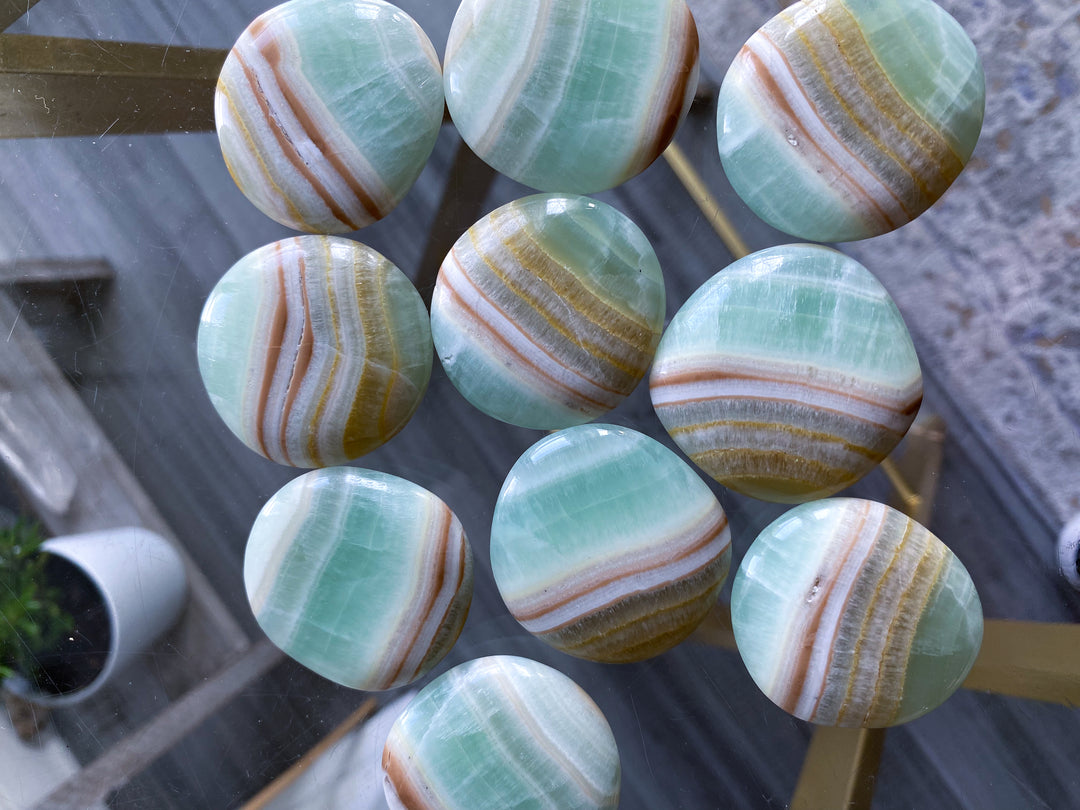 Pistachio Calcite Coin with Burnt Orange Stripe