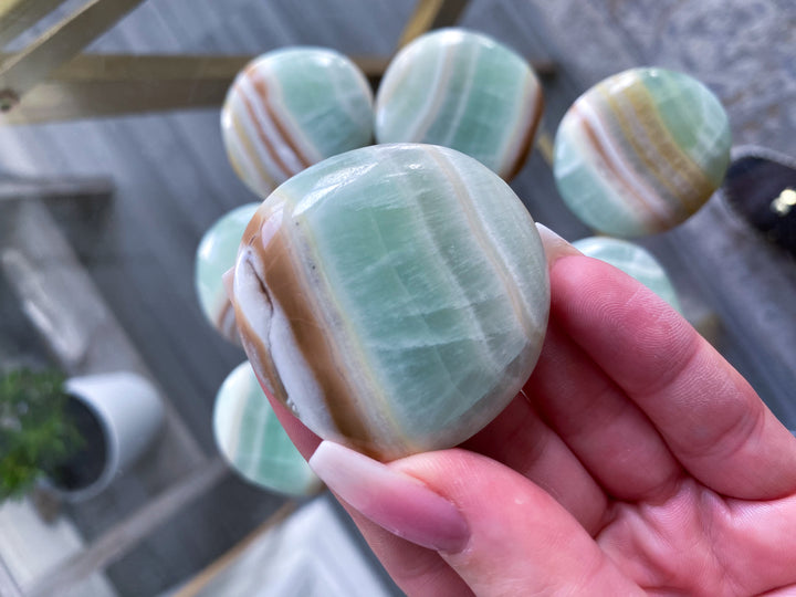 Pistachio Calcite Coin with Burnt Orange Stripe