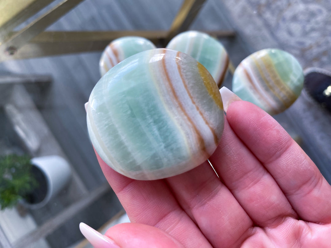 Pistachio Calcite Coin with Burnt Orange Stripe