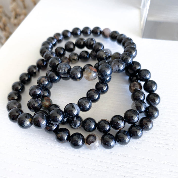 Shiny Black Tourmaline with Quartz Inclusions 8mm Bracelet