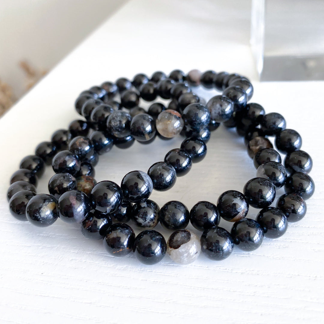 Shiny Black Tourmaline with Quartz Inclusions 8mm Bracelet