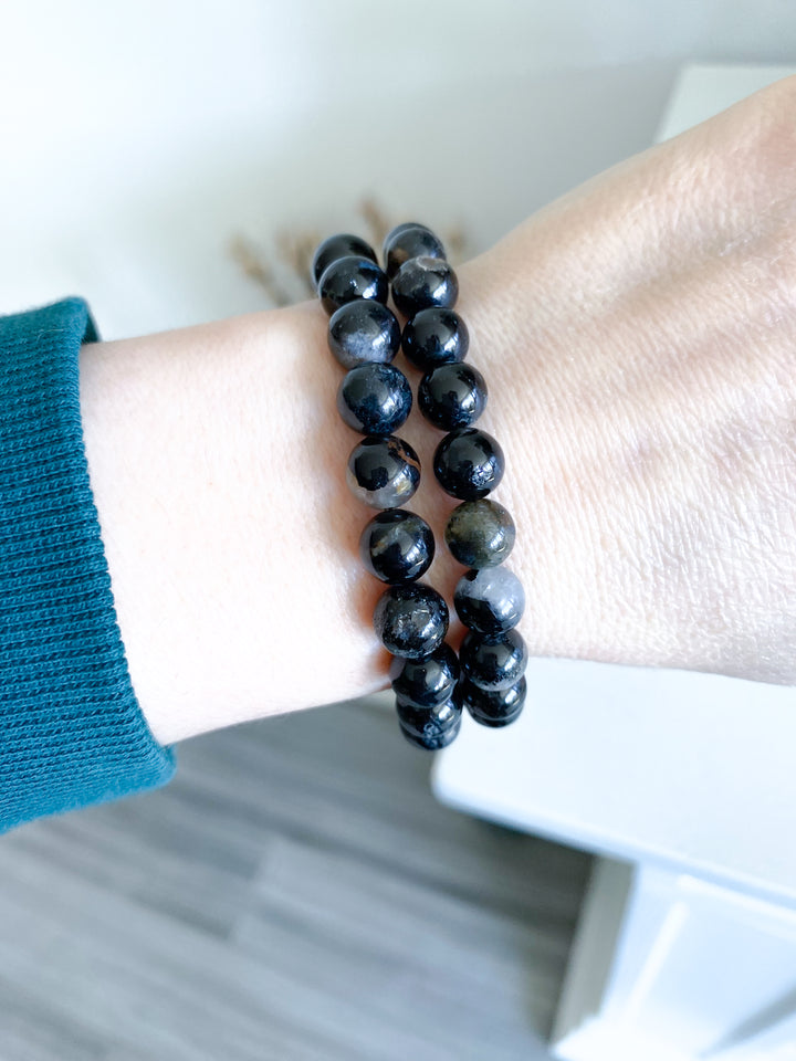 Shiny Black Tourmaline with Quartz Inclusions 8mm Bracelet
