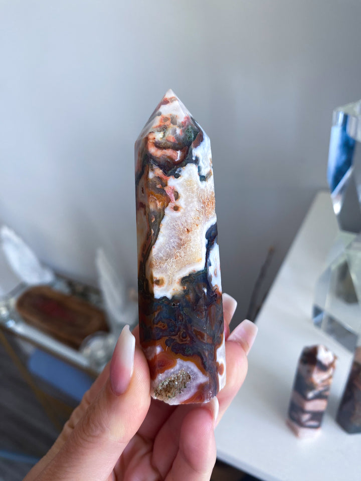 Pretty Carnelian & Moss Agate Tower 3.5"