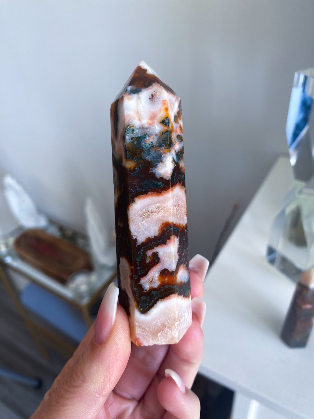 Pretty Carnelian & Moss Agate Tower 3.5"