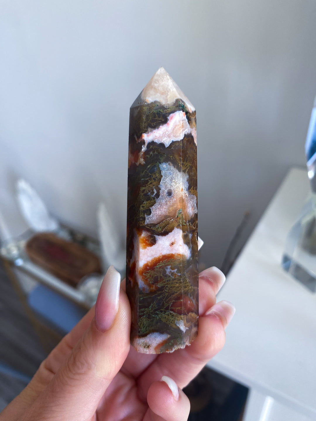 Pretty Carnelian & Moss Agate Tower 3.5"