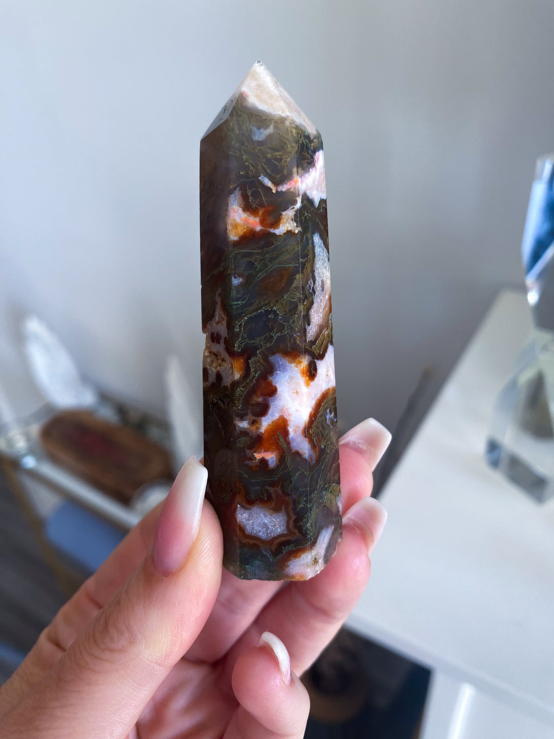 Pretty Carnelian & Moss Agate Tower 3.5"
