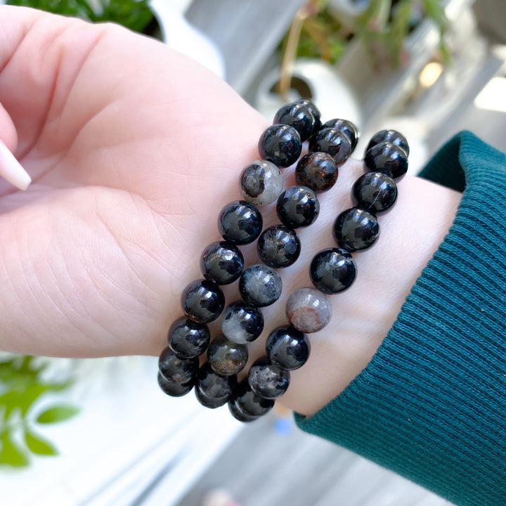 Shiny Black Tourmaline with Quartz Inclusions 8mm Bracelet