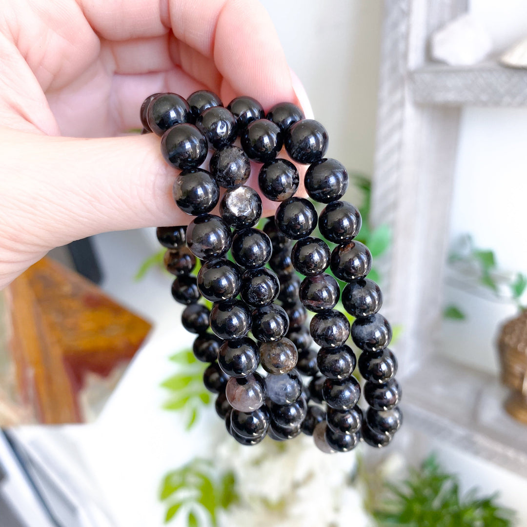 Shiny Black Tourmaline with Quartz Inclusions 8mm Bracelet
