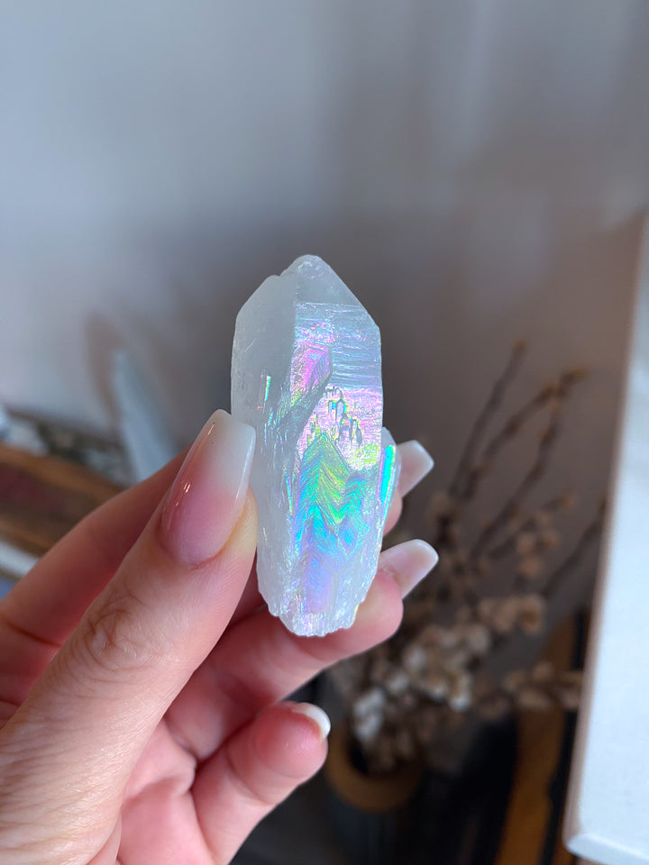 White Angel Aura Quartz Crystal Point #1