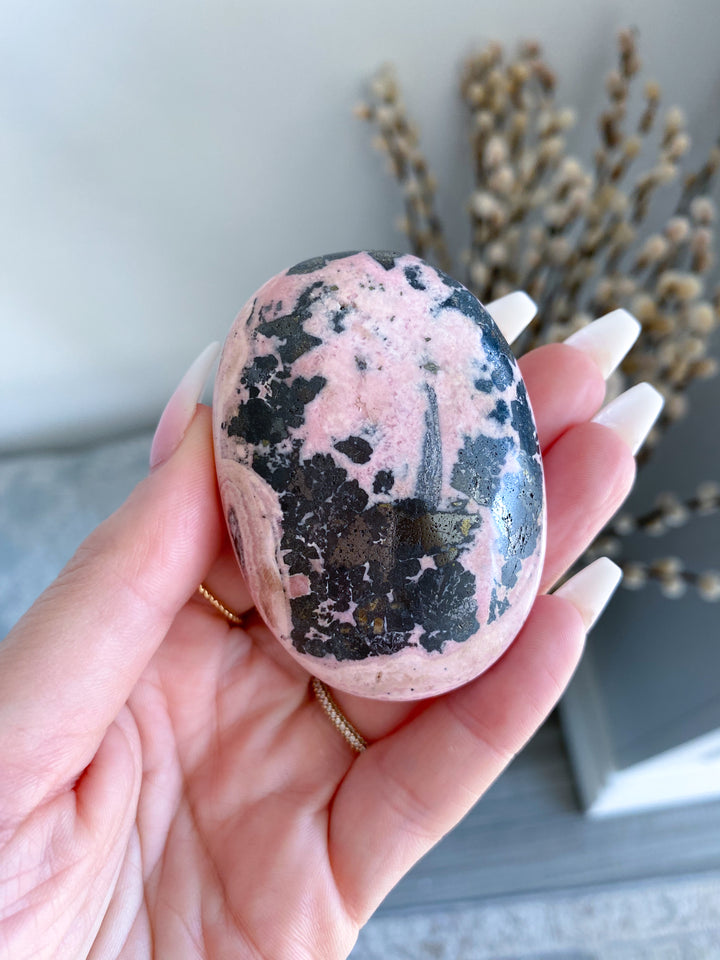 Druzed Rhodonite Palm Stone - Love - Forgiveness - Healing - Compassion