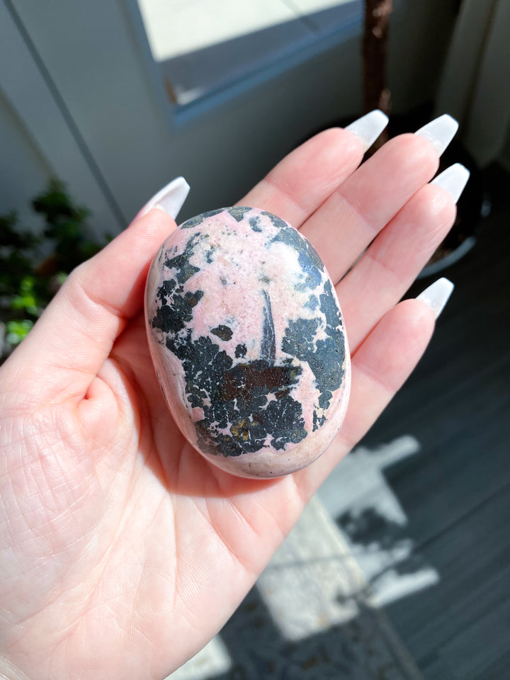 Druzed Rhodonite Palm Stone - Love - Forgiveness - Healing - Compassion