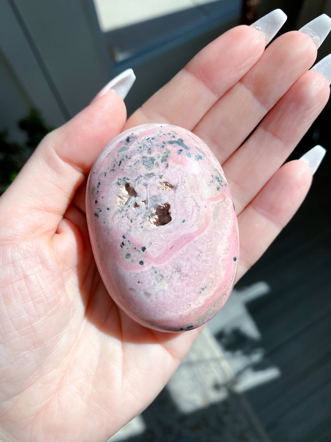 Druzed Rhodonite Palm Stone - Love - Forgiveness - Healing - Compassion