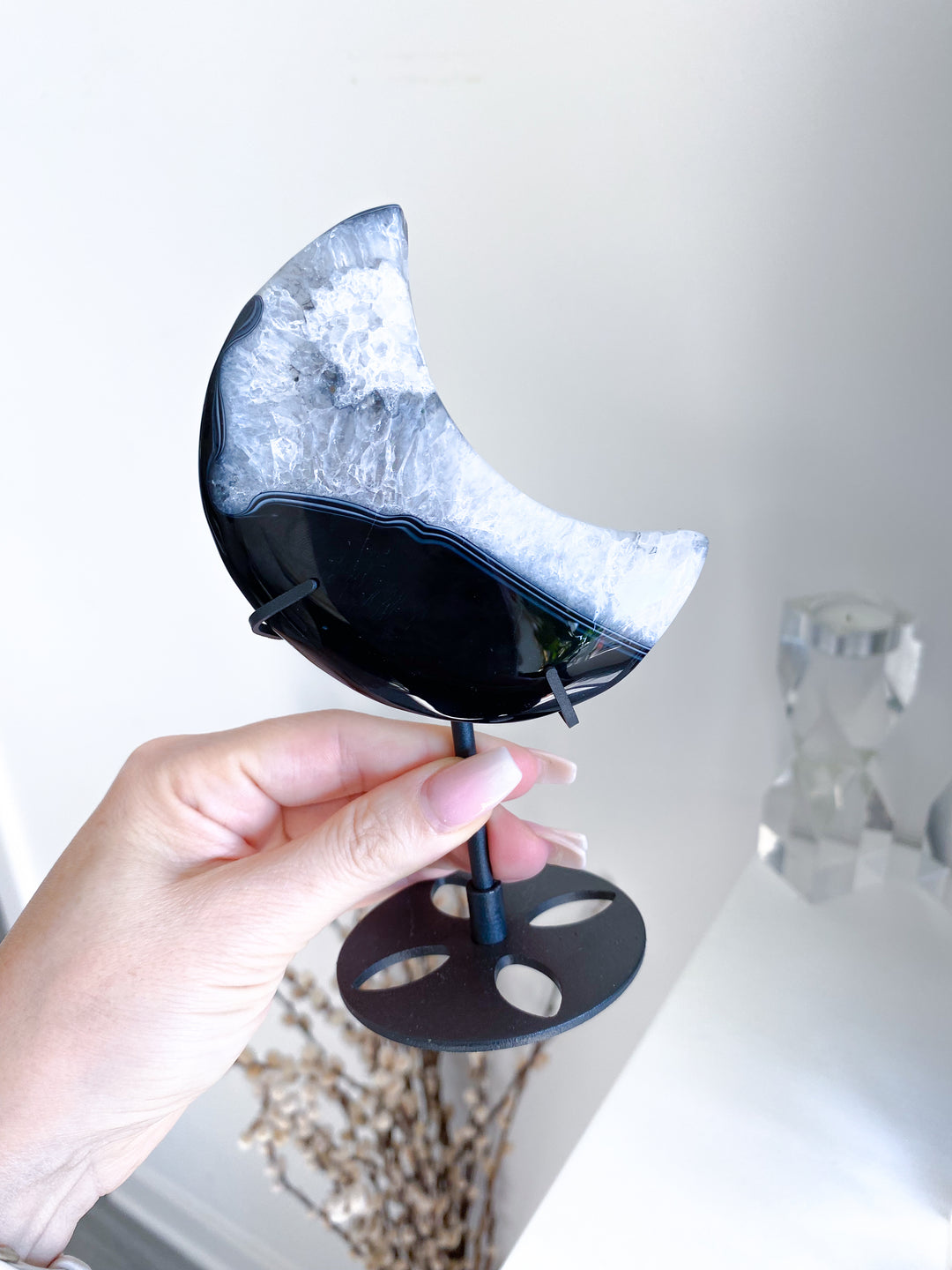 Large Black Agate Moon on Stand - Get Exact Item