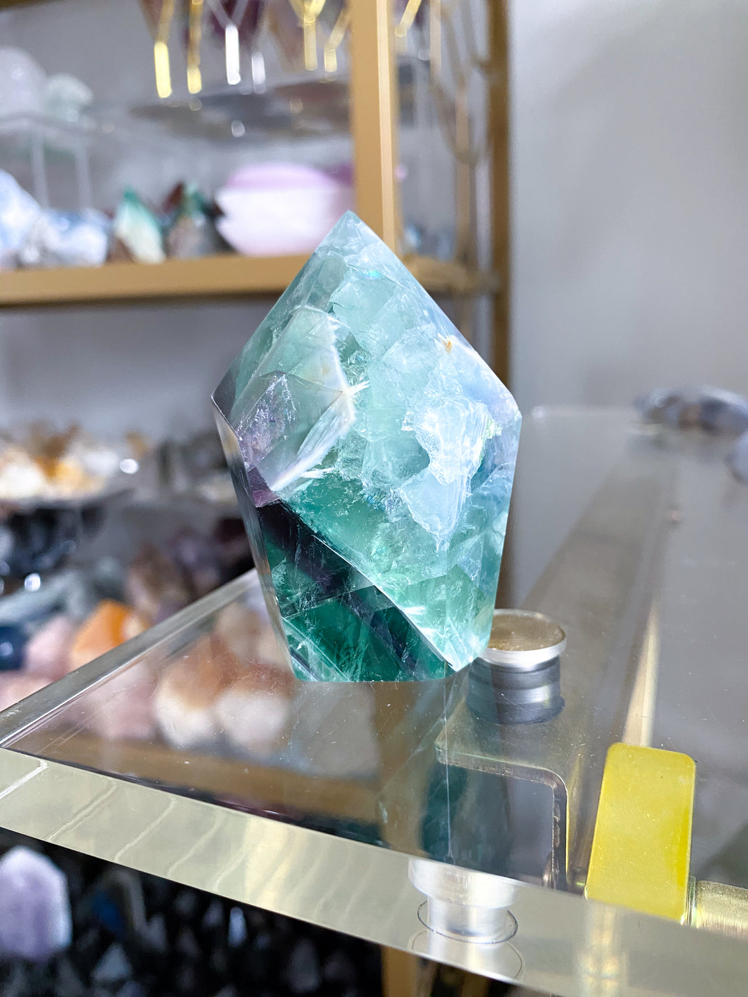 BEAUTIFUL Chevron Purple, Green Inclusion Rainbow Fluorite Point #10
