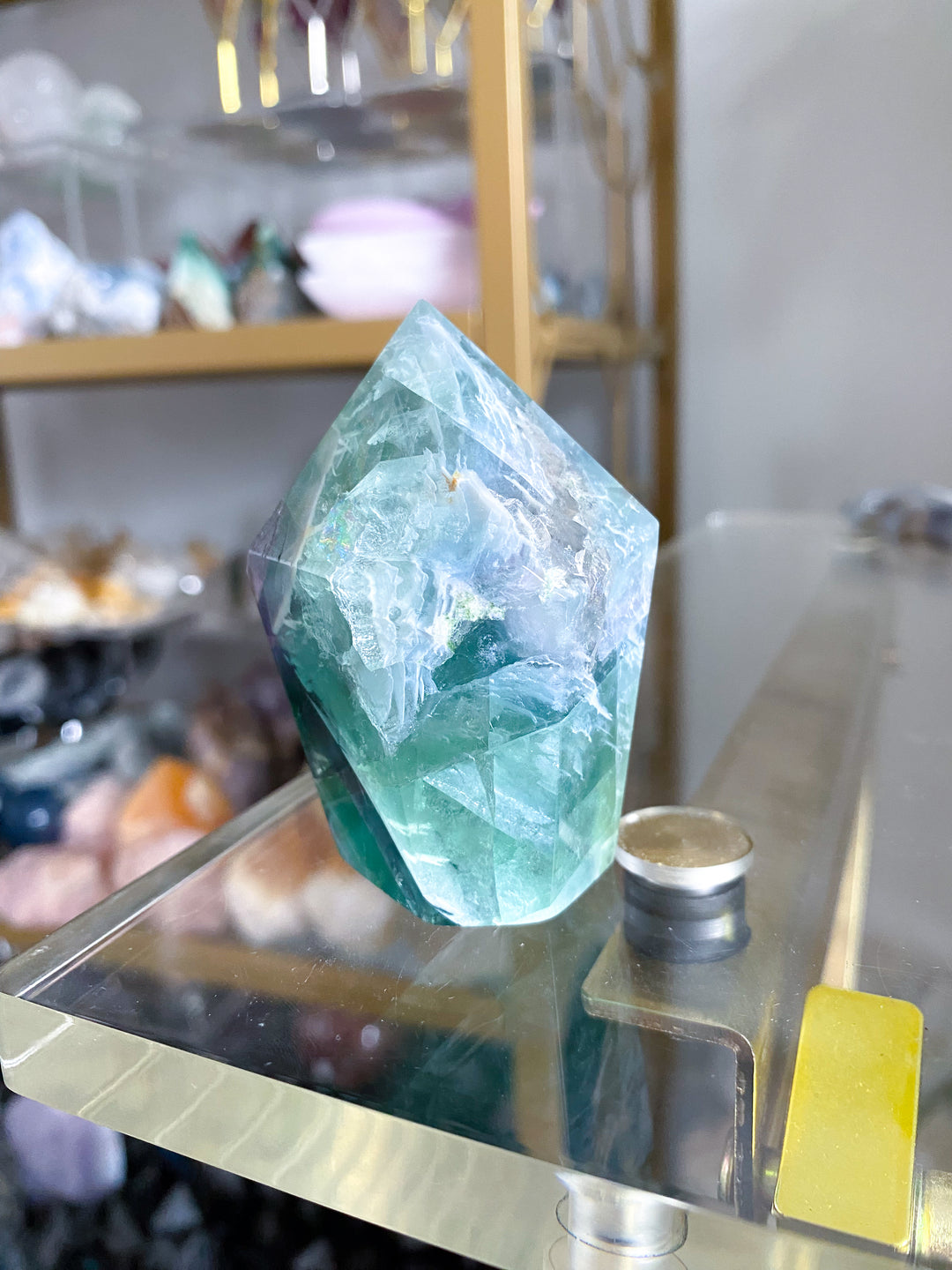 BEAUTIFUL Chevron Purple, Green Inclusion Rainbow Fluorite Point #10