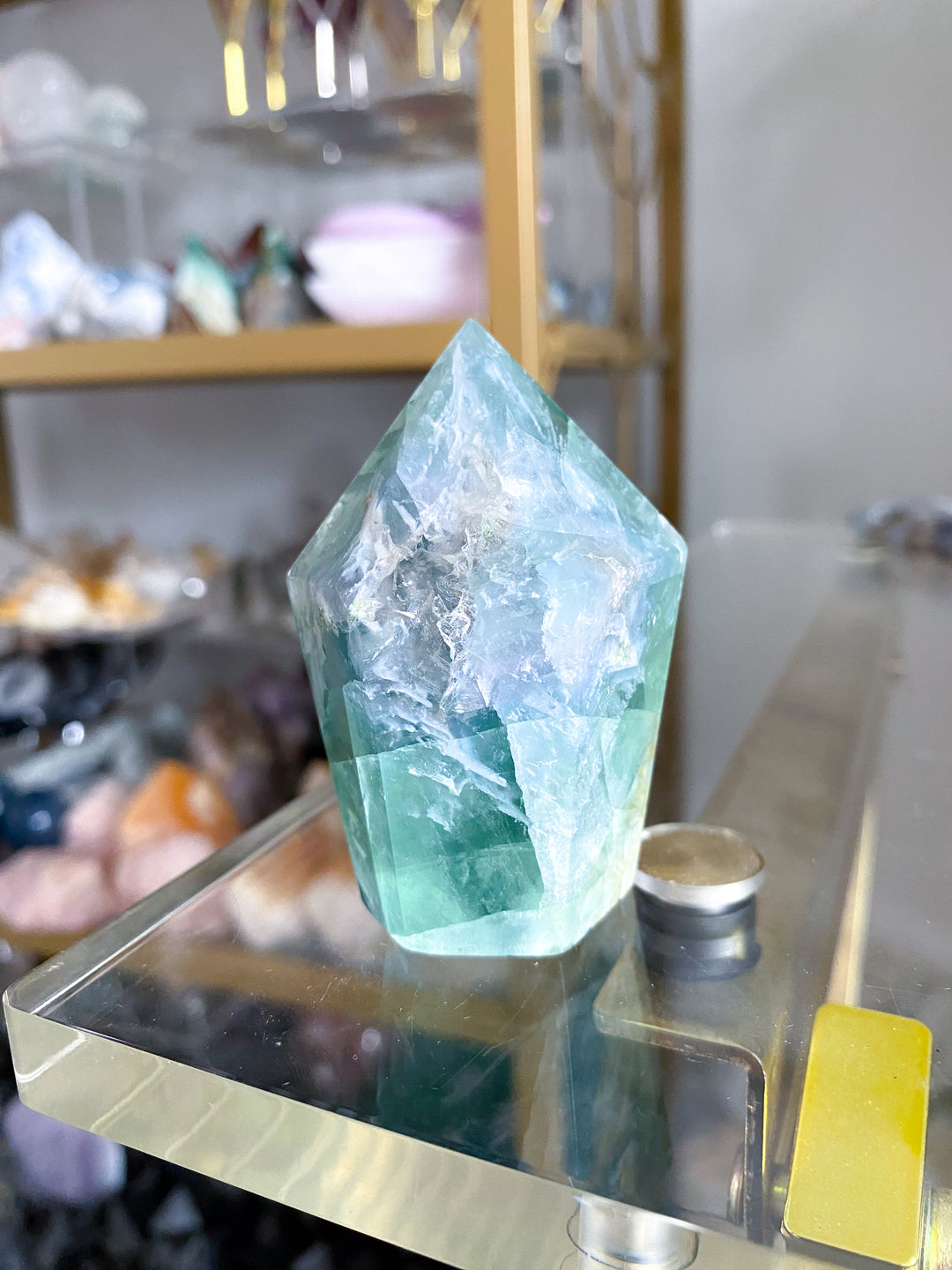BEAUTIFUL Chevron Purple, Green Inclusion Rainbow Fluorite Point #10