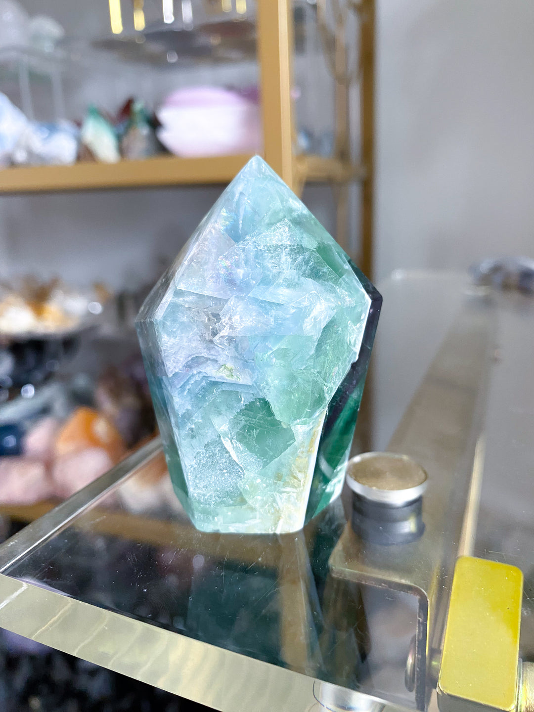 BEAUTIFUL Chevron Purple, Green Inclusion Rainbow Fluorite Point #10