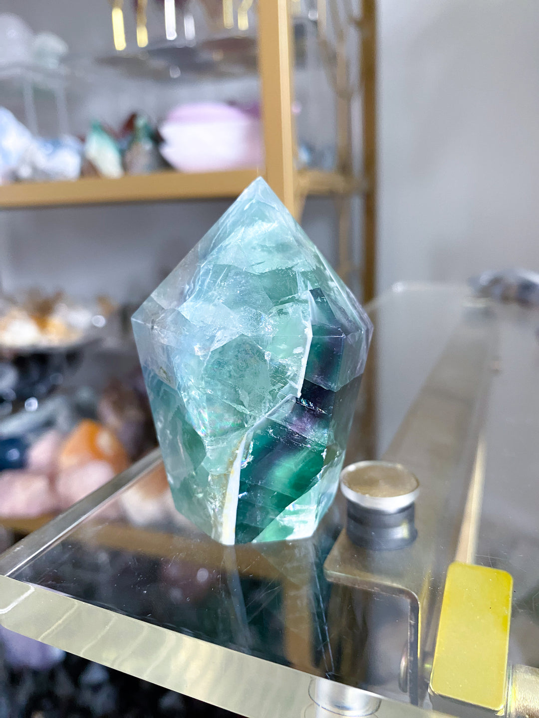 BEAUTIFUL Chevron Purple, Green Inclusion Rainbow Fluorite Point #10