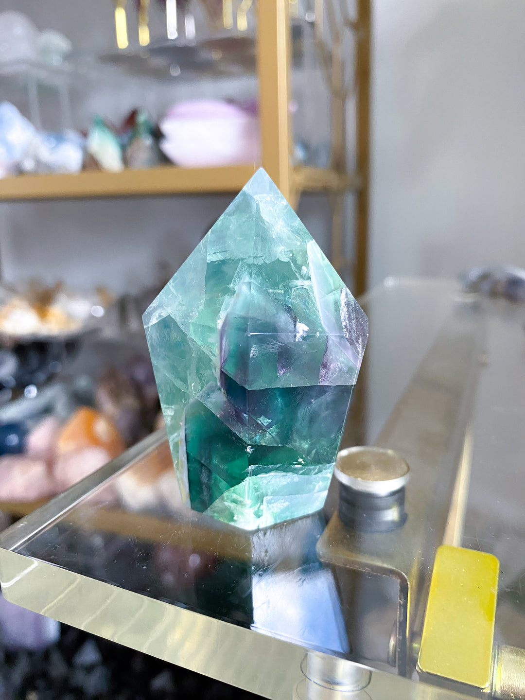 BEAUTIFUL Chevron Purple, Green Inclusion Rainbow Fluorite Point #10