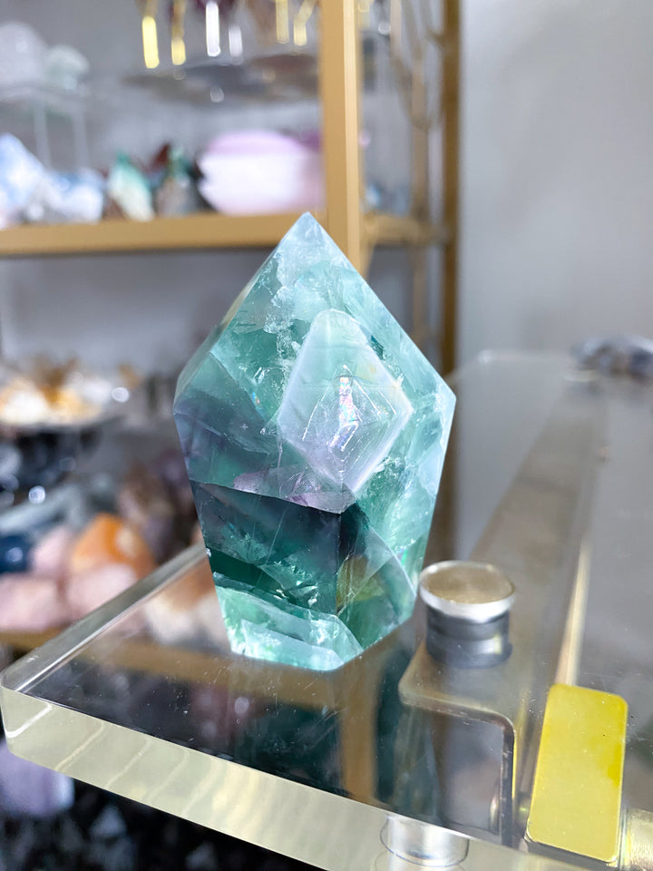 BEAUTIFUL Chevron Purple, Green Inclusion Rainbow Fluorite Point #10