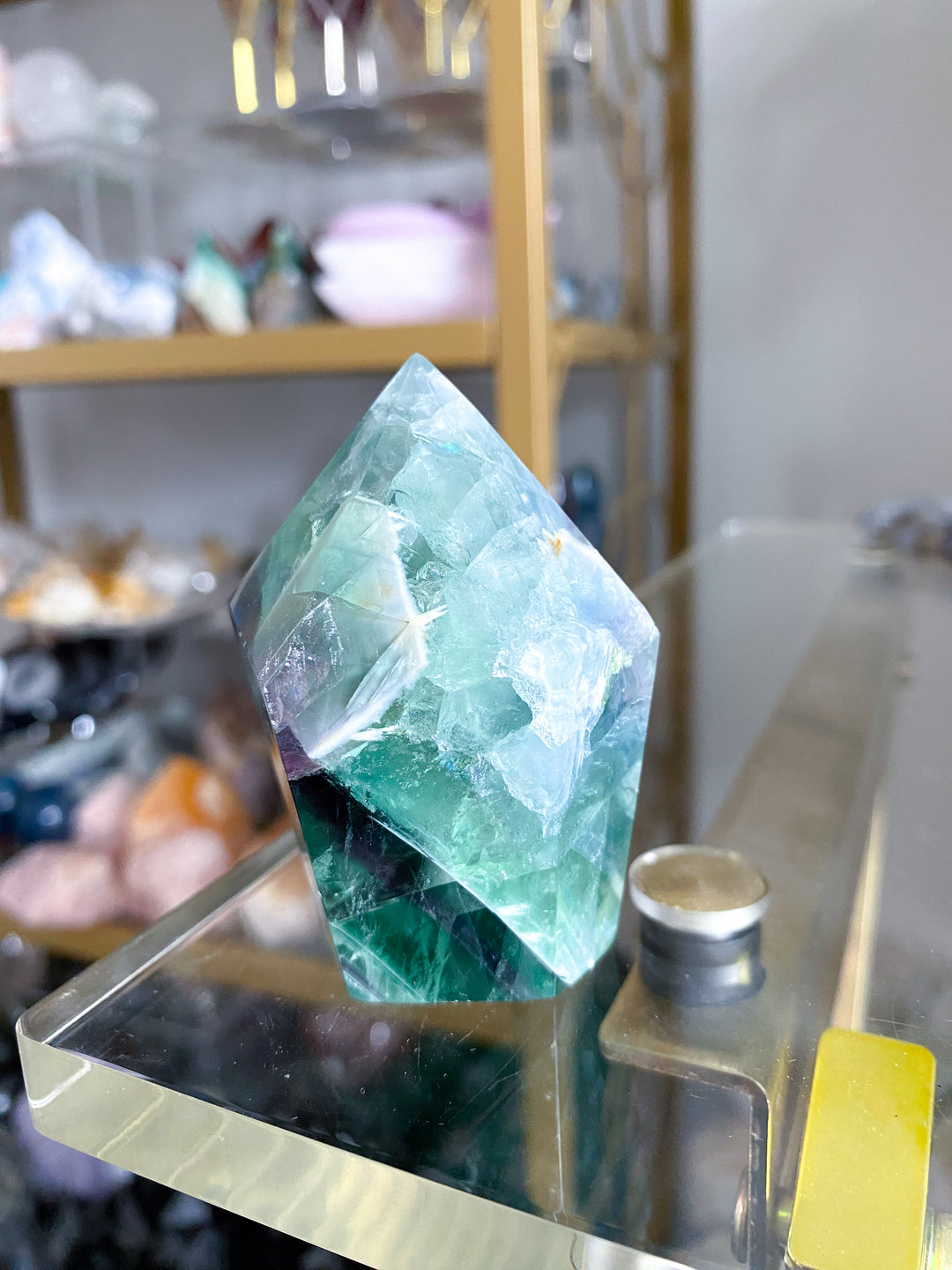 BEAUTIFUL Chevron Purple, Green Inclusion Rainbow Fluorite Point #10