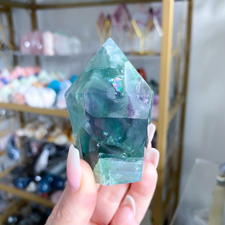 BEAUTIFUL Chevron Purple, Green Inclusion Rainbow Fluorite Point #10