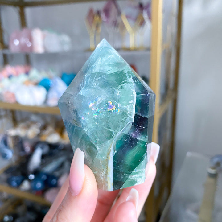 BEAUTIFUL Chevron Purple, Green Inclusion Rainbow Fluorite Point #10