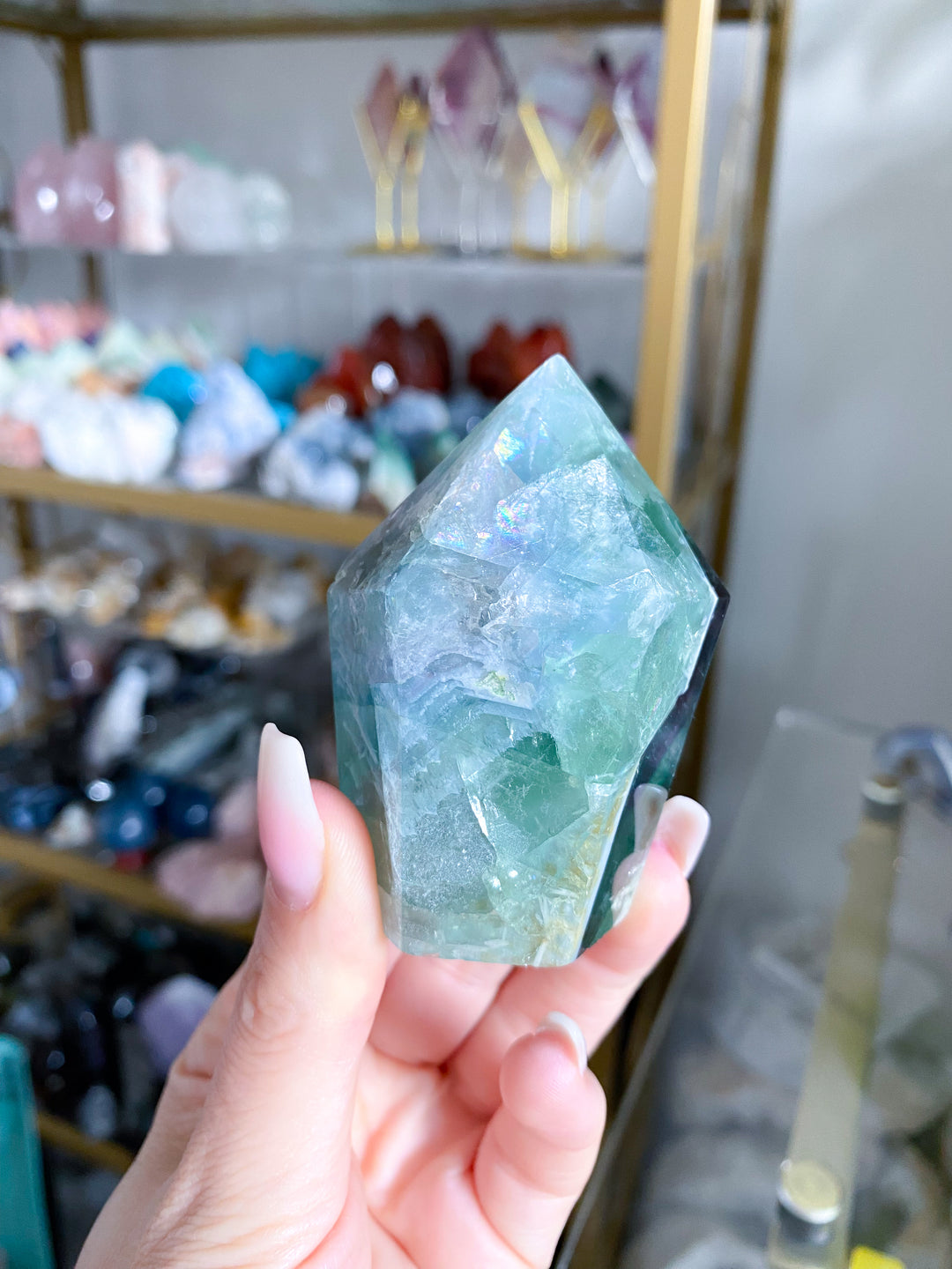 BEAUTIFUL Chevron Purple, Green Inclusion Rainbow Fluorite Point #10