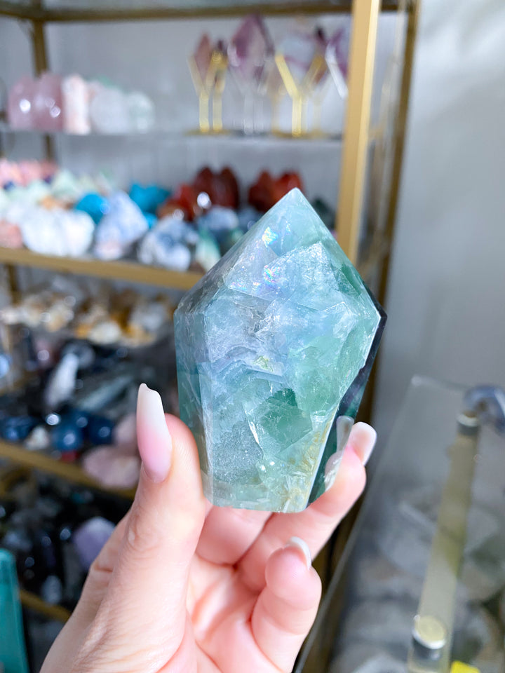 BEAUTIFUL Chevron Purple, Green Inclusion Rainbow Fluorite Point #10