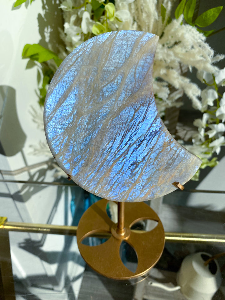 Blue FLASHY Moonstone Moon on Stand - Belomorite