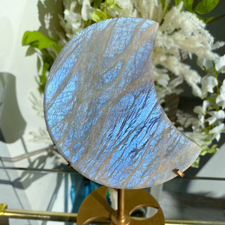 Blue FLASHY Moonstone Moon on Stand - Belomorite