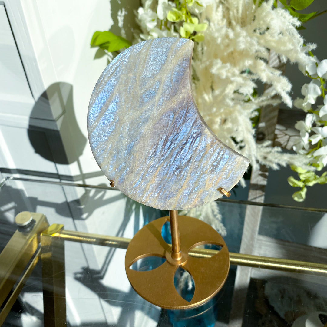 Blue FLASHY Moonstone Moon on Stand - Belomorite