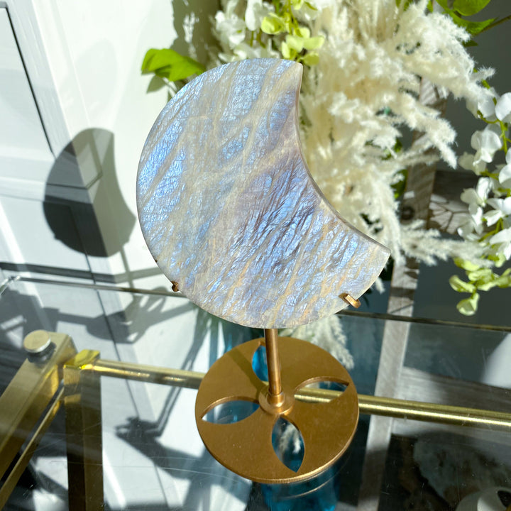 Blue FLASHY Moonstone Moon on Stand - Belomorite