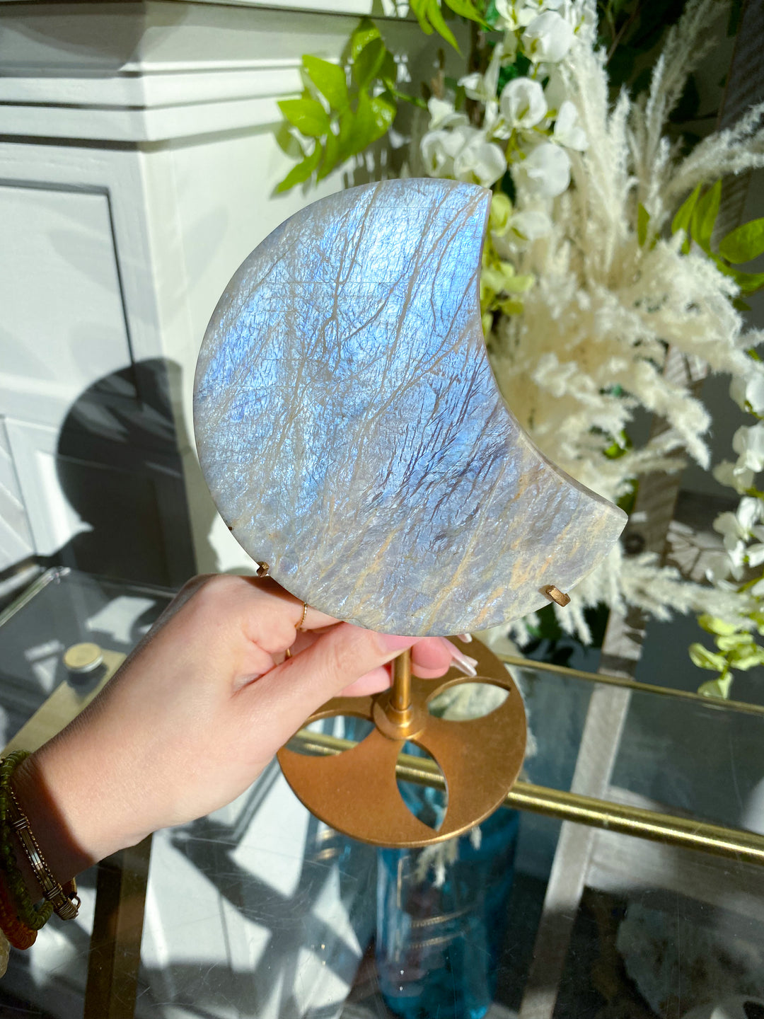 Blue FLASHY Moonstone Moon on Stand - Belomorite