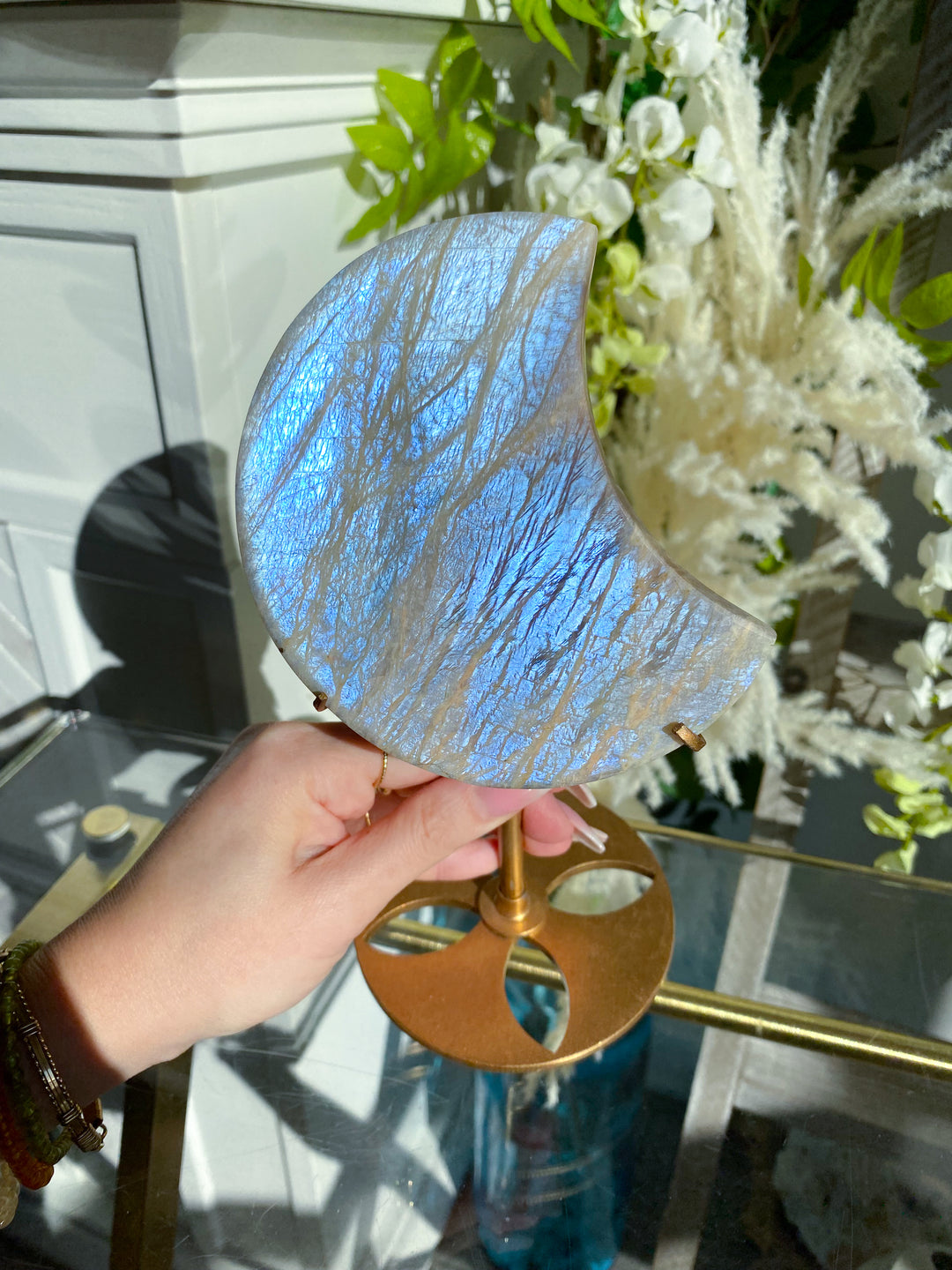 Blue FLASHY Moonstone Moon on Stand - Belomorite