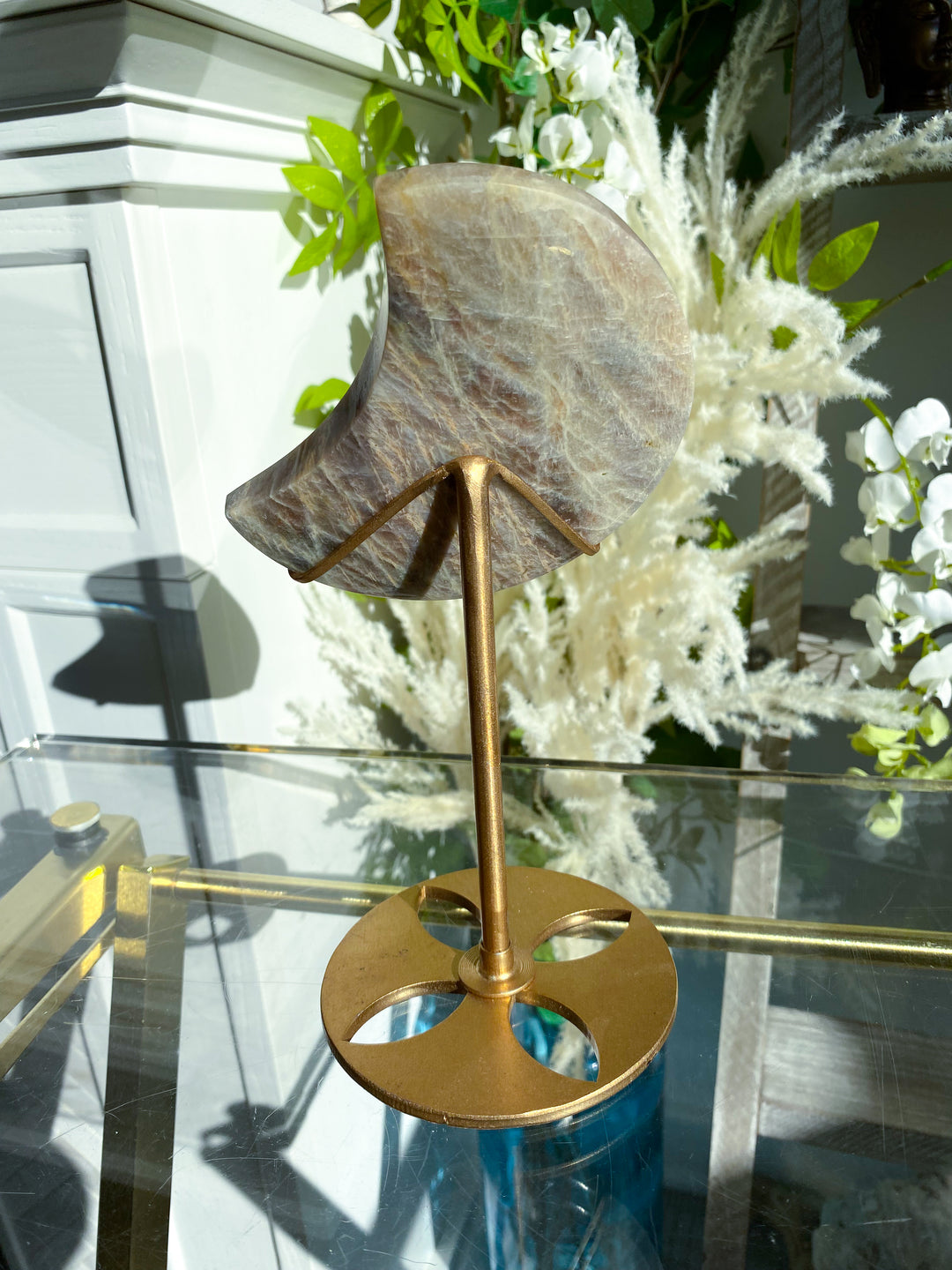 Blue FLASHY Moonstone Moon on Stand - Belomorite