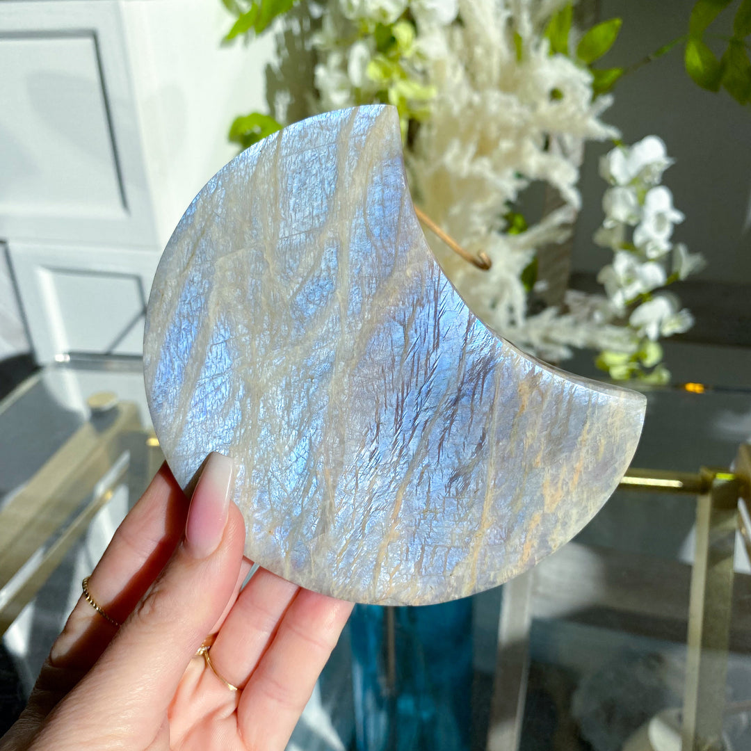 Blue FLASHY Moonstone Moon on Stand - Belomorite
