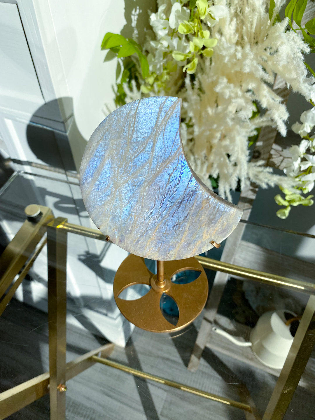 Blue FLASHY Moonstone Moon on Stand - Belomorite