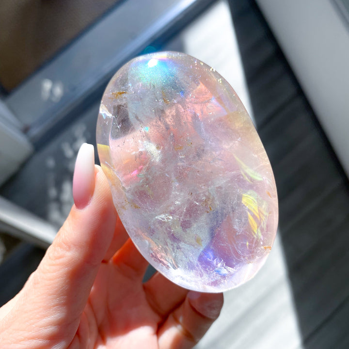 Large Angel Aura Clear Quartz Palm Stone #1 - Inclusions