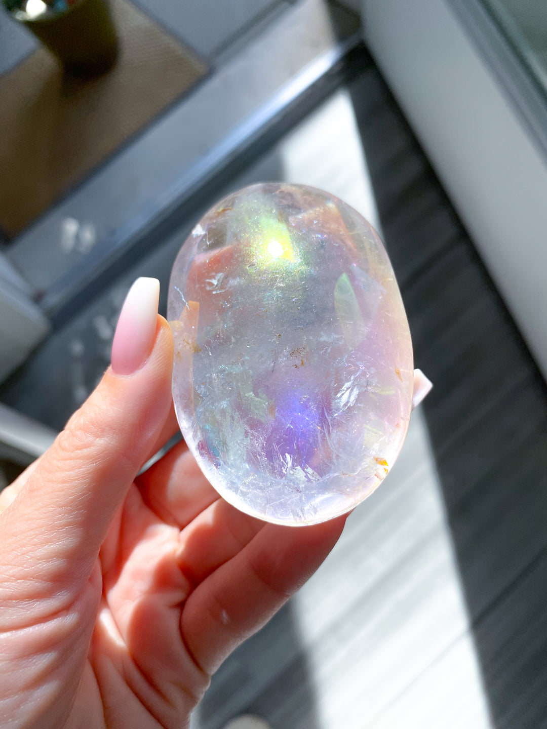 Large Angel Aura Clear Quartz Palm Stone #1 - Inclusions