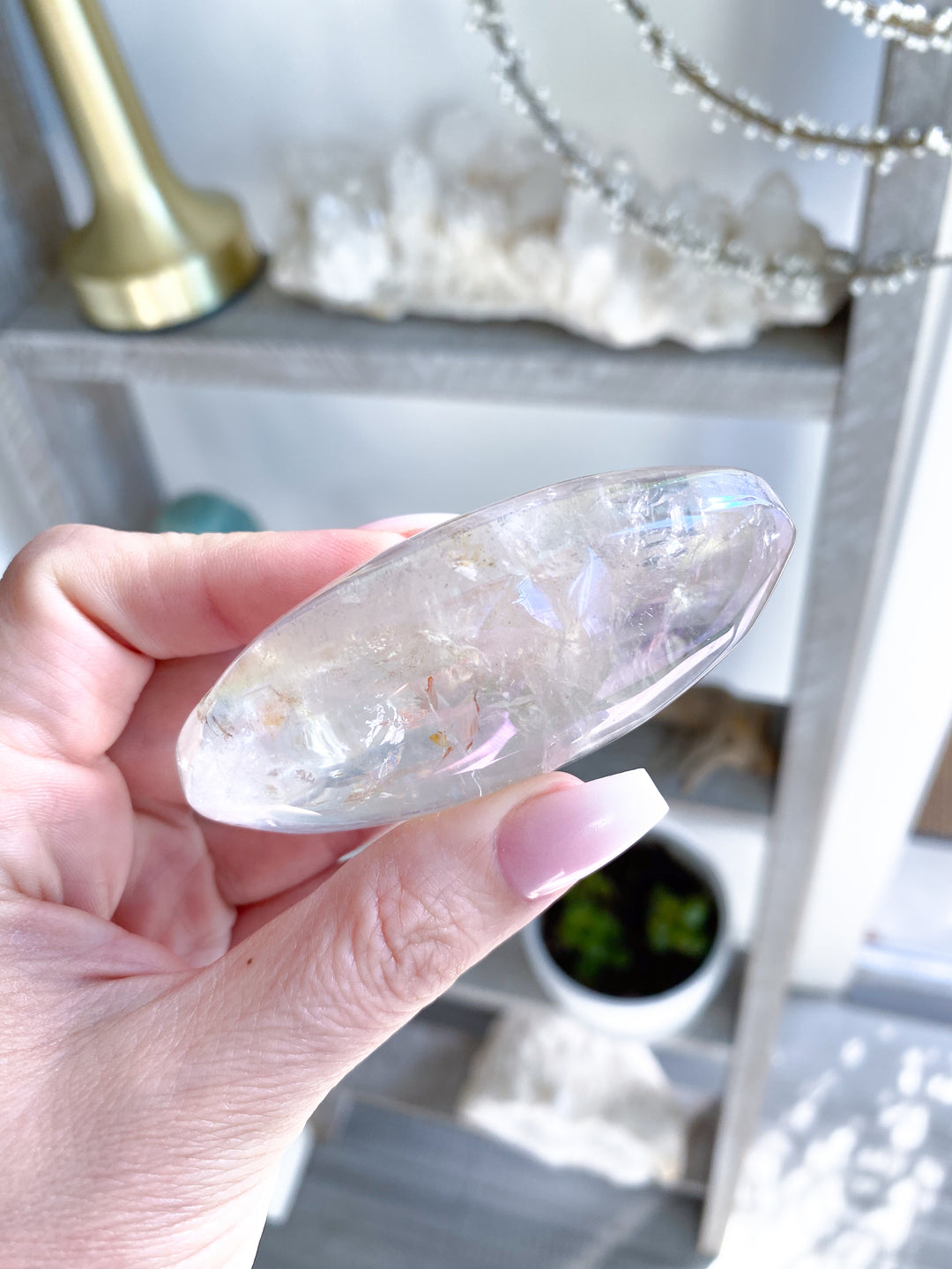 Large Angel Aura Clear Quartz Palm Stone #1 - Inclusions