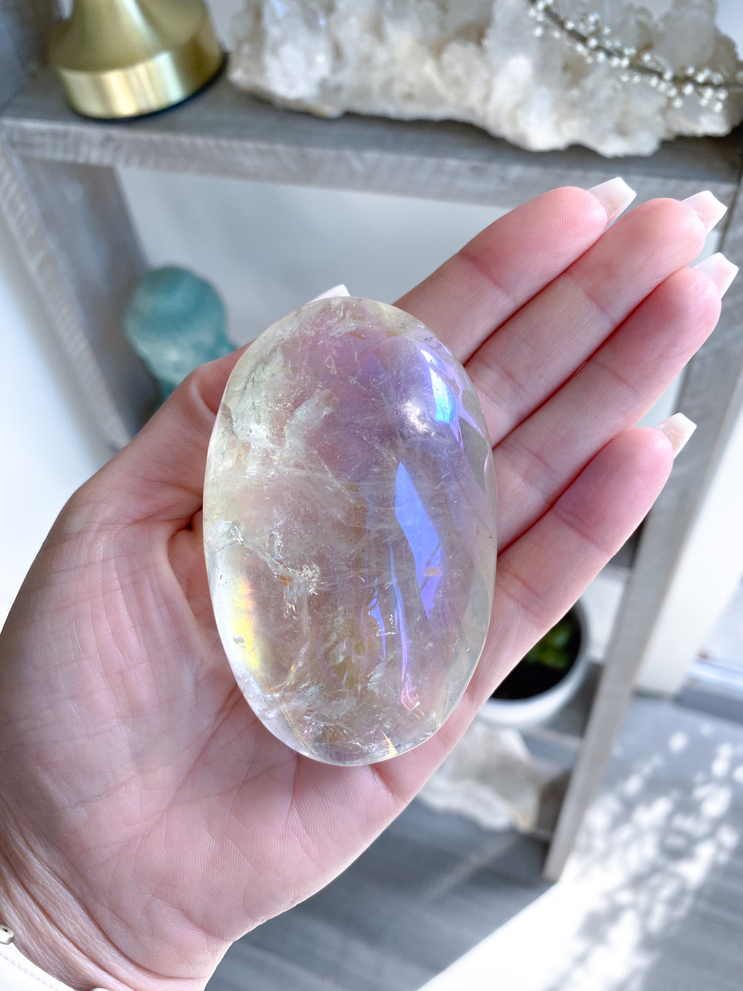 Large Angel Aura Clear Quartz Palm Stone #1 - Inclusions