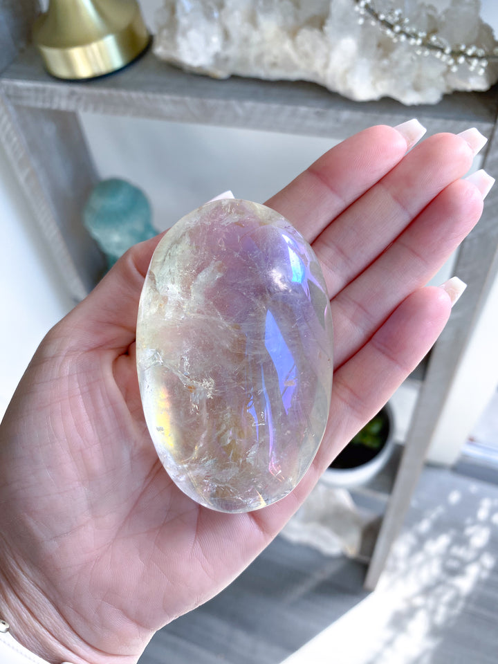 Large Angel Aura Clear Quartz Palm Stone #1 - Inclusions